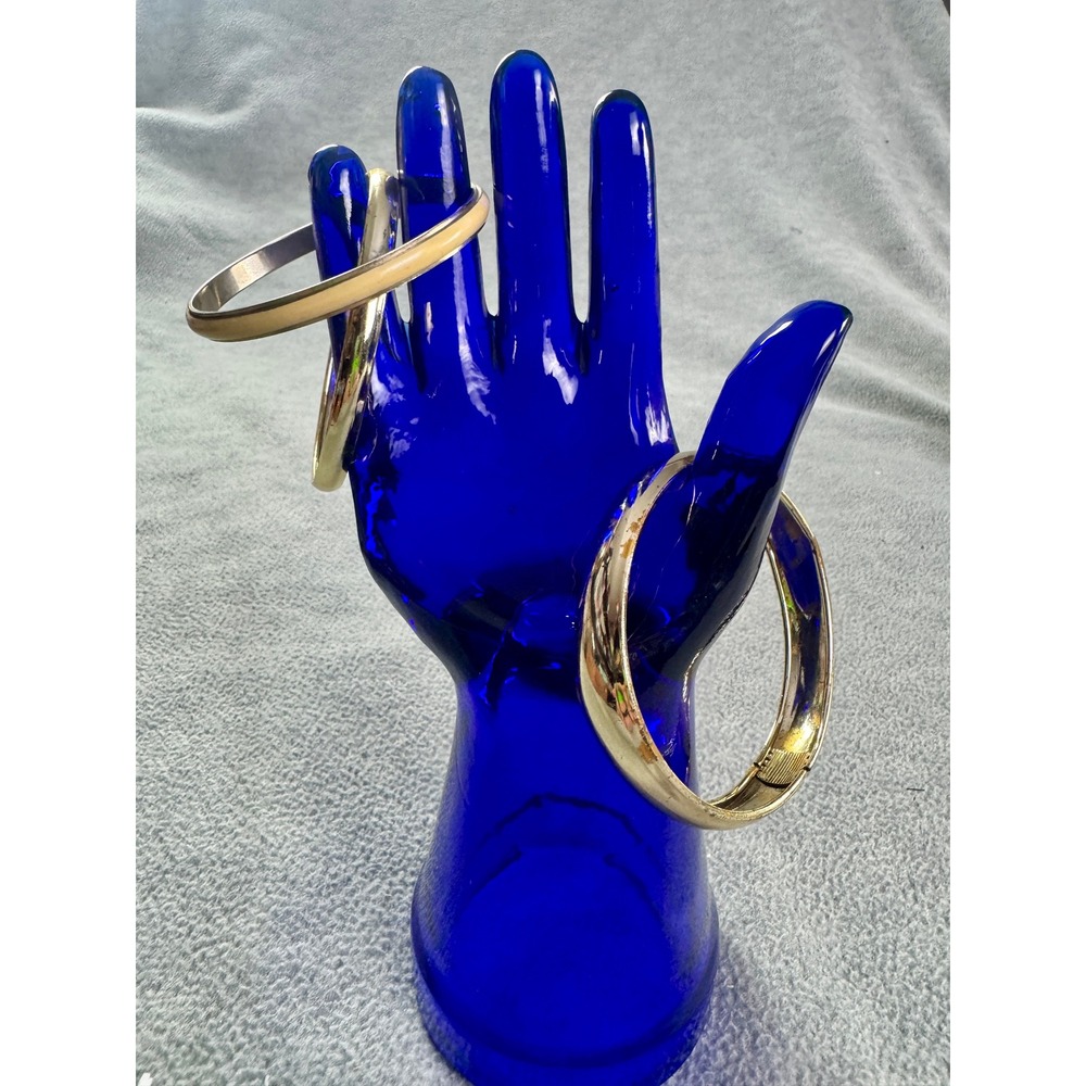 Vintage Gold Tone Bangle Bracelet Set‎ of 3 Cream Enamel Hinged Cuff Stackable